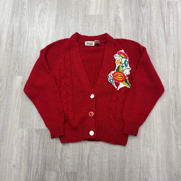Vintage Sweaters - Vintage Ashley Hill Cardigan Sweater Women's Small Red Knit Floral Flower 90s